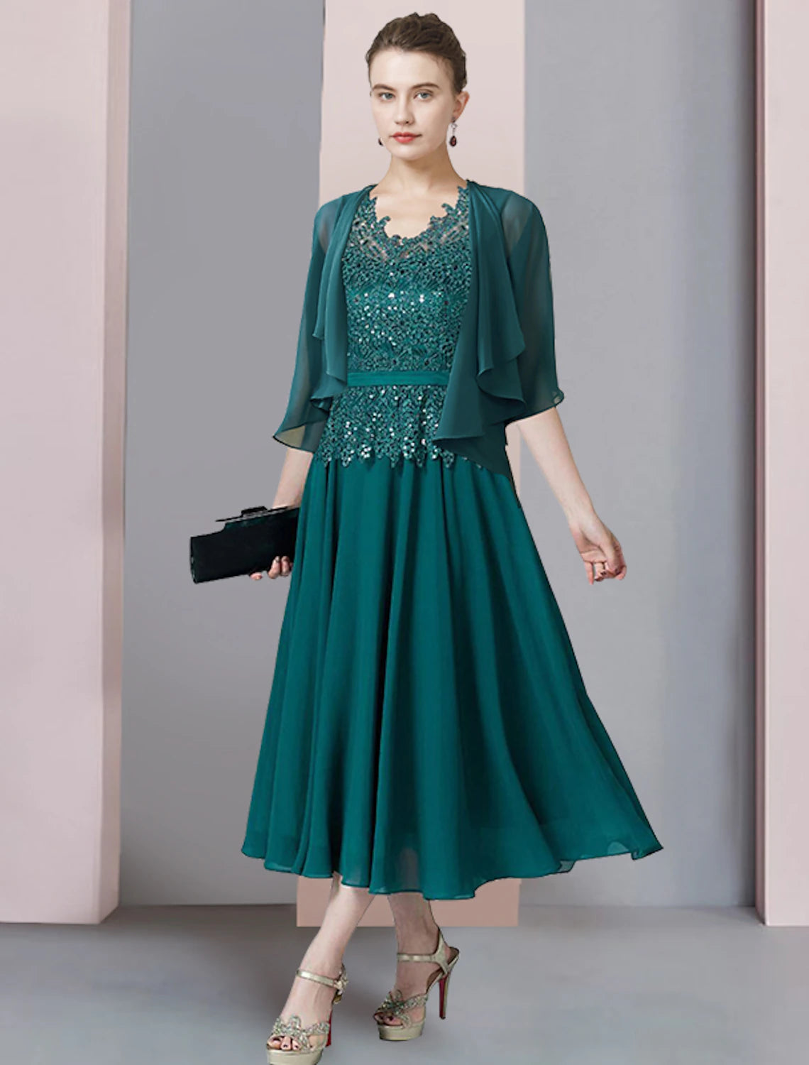 Wholesale Two Piece A-Line Mother of the Bride Dress Formal Wedding Guest Elegant V Neck Tea Length Chiffon Lace Short Sleeve Wrap Included with Sequin Appliques